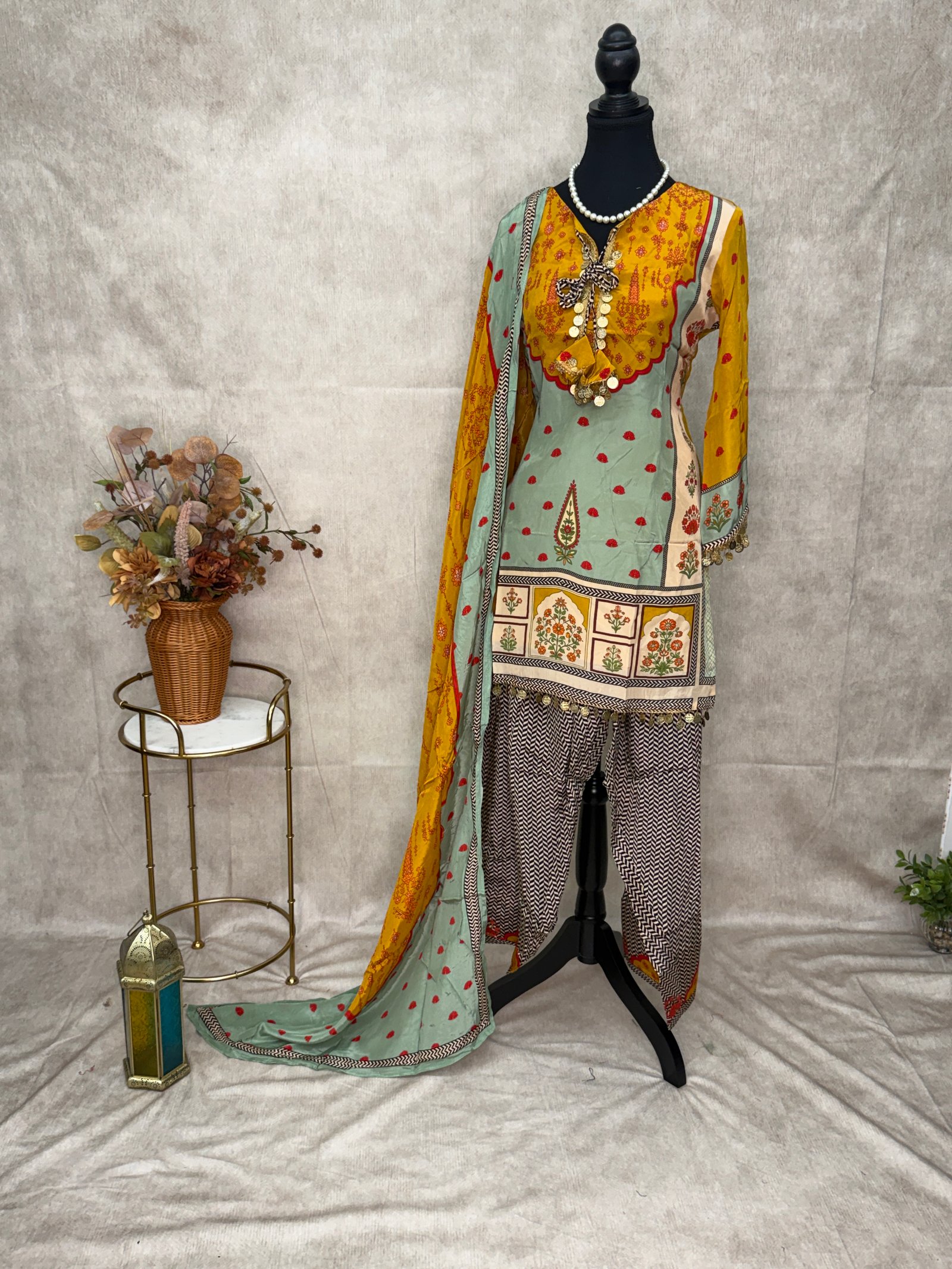 Multicolour Printed Farshi Salwar Suit – 3 Piece Set